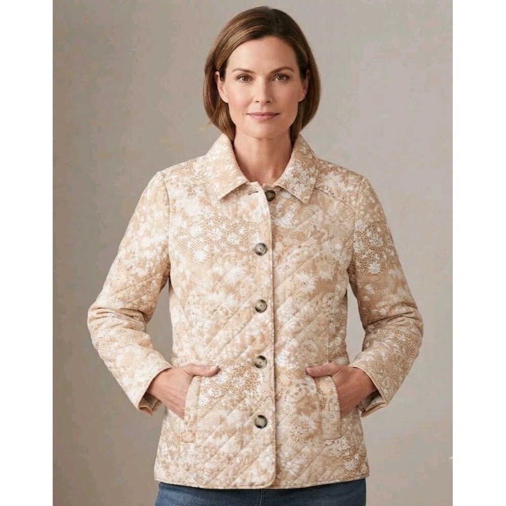 Chico's Sz 2 Quilted Jacket Tan/Cream Floral Lace Print Button Front Grandpacore